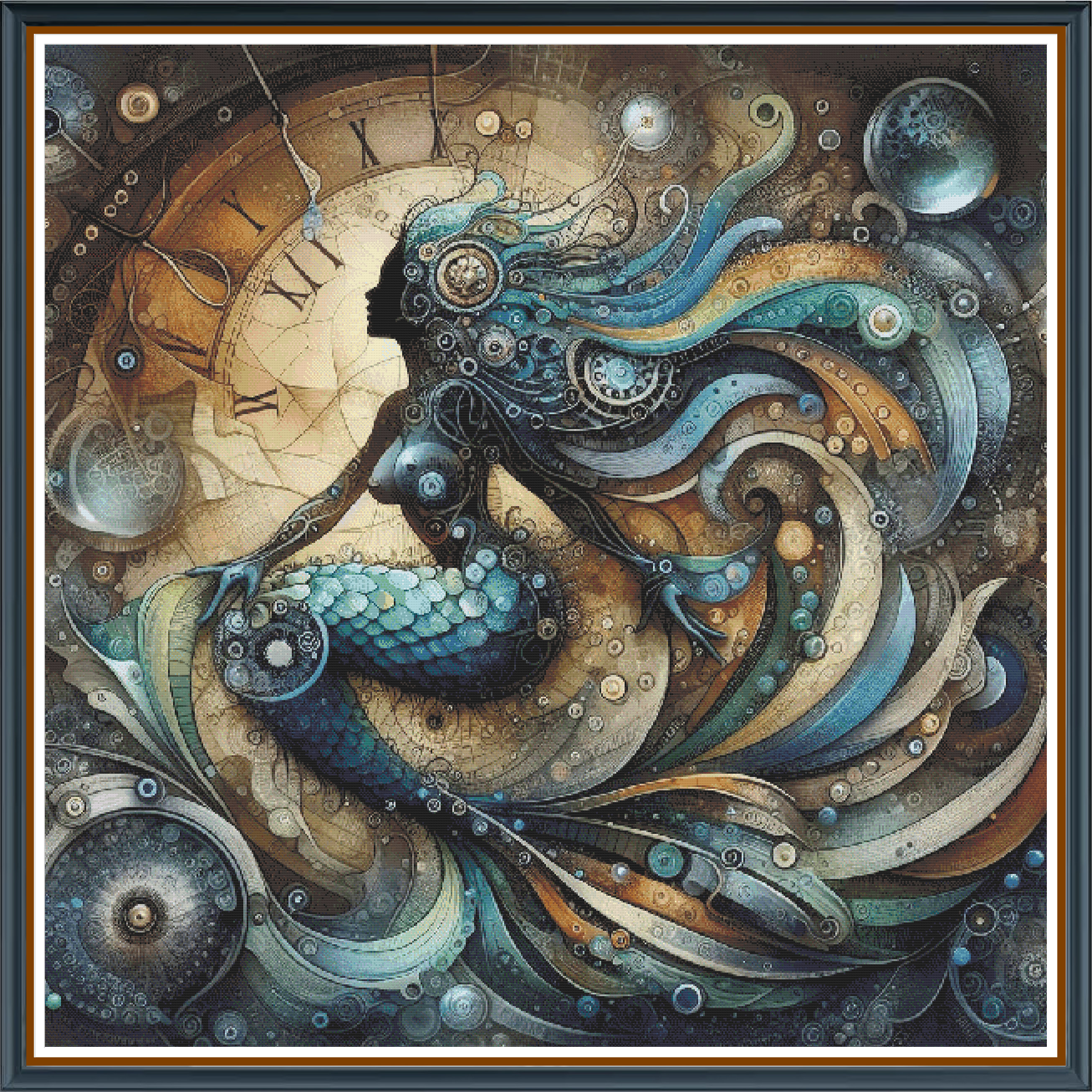 Mermaid of Time digital cross stitch pattern. Experience the enchanting allure of our "Mermaid of Time" digital cross-stitch pattern. This intricately designed pattern blends fantasy with detailed craftsmanship, perfect for DIY enthusiasts, home decor projects, and art collectors searching for unique, magical designs.