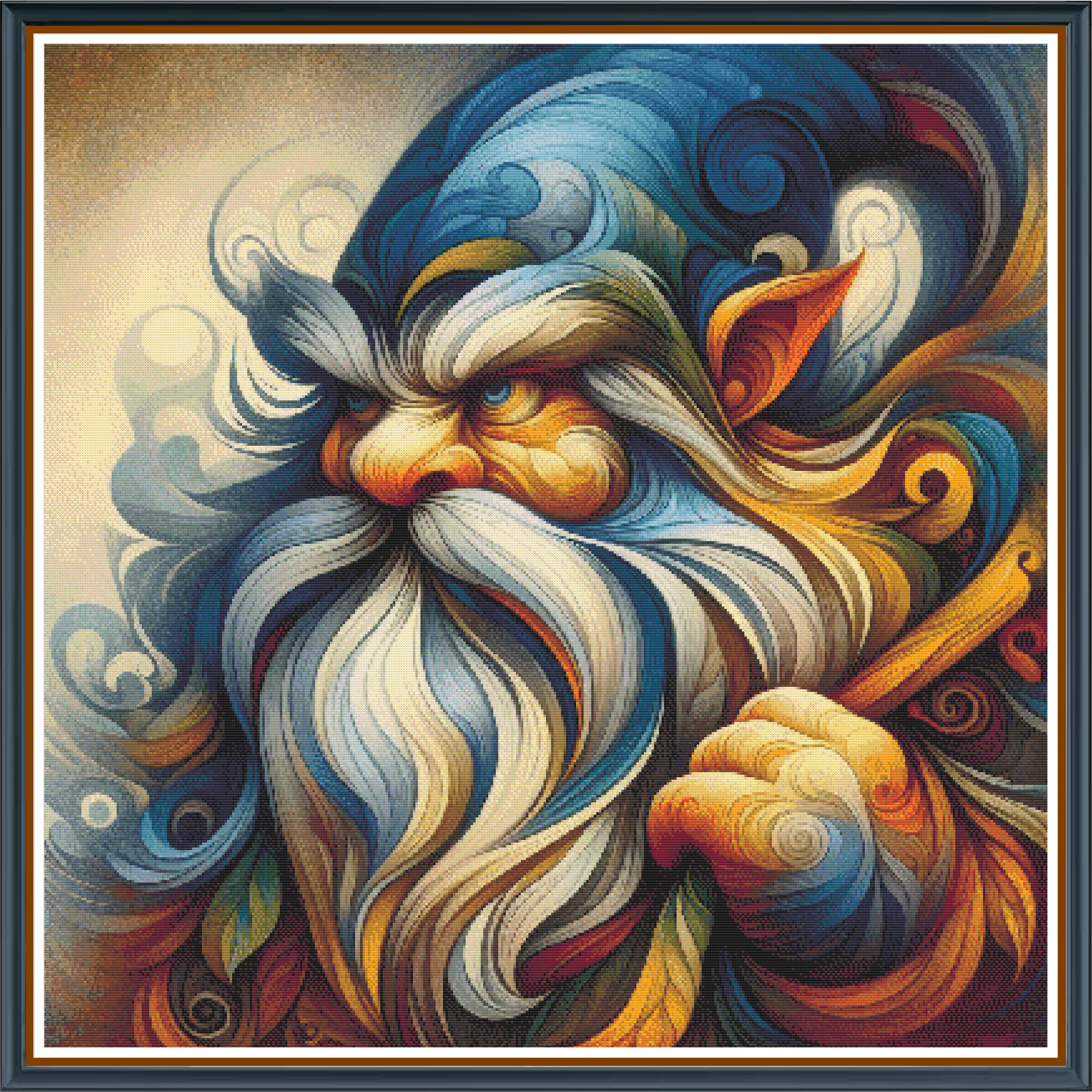 Gnorbert the Wise digital cross stitch pattern. Celebrate wisdom and power with "Gnorbert the Wise" — a striking digital cross-stitch pattern featuring a venerable dwarf with a flowing, wavy beard rendered in a vibrant palette of blues, oranges, and yellows.