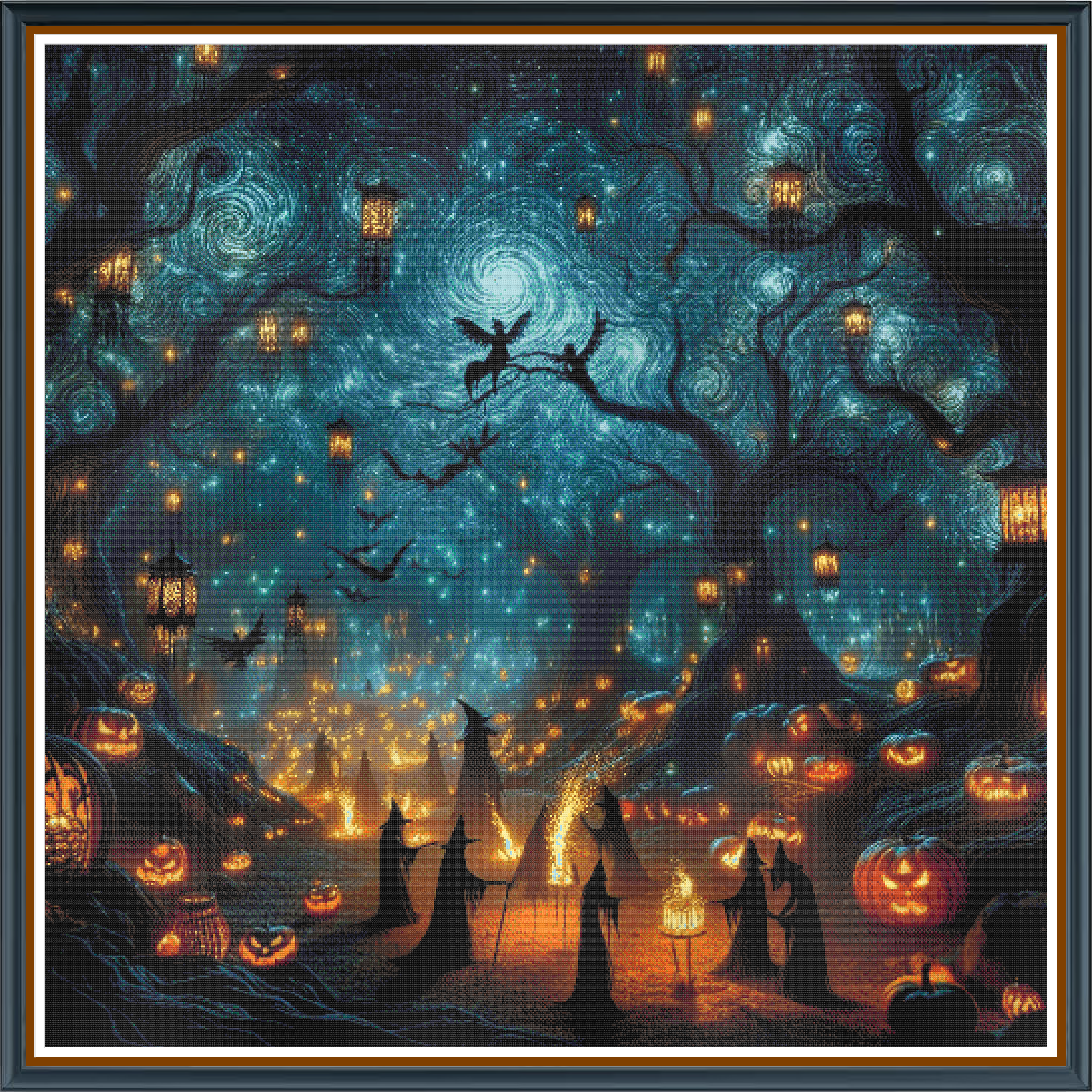 Night Coven digital cross stitch pattern. Enter a realm of mystical shadows with "Night Coven"—a digital cross-stitch pattern featuring witch-like silhouettes performing a ritual around a blazing fire under a swirling blue night sky. An evocative scene perfect for enchanted and mysterious decor.