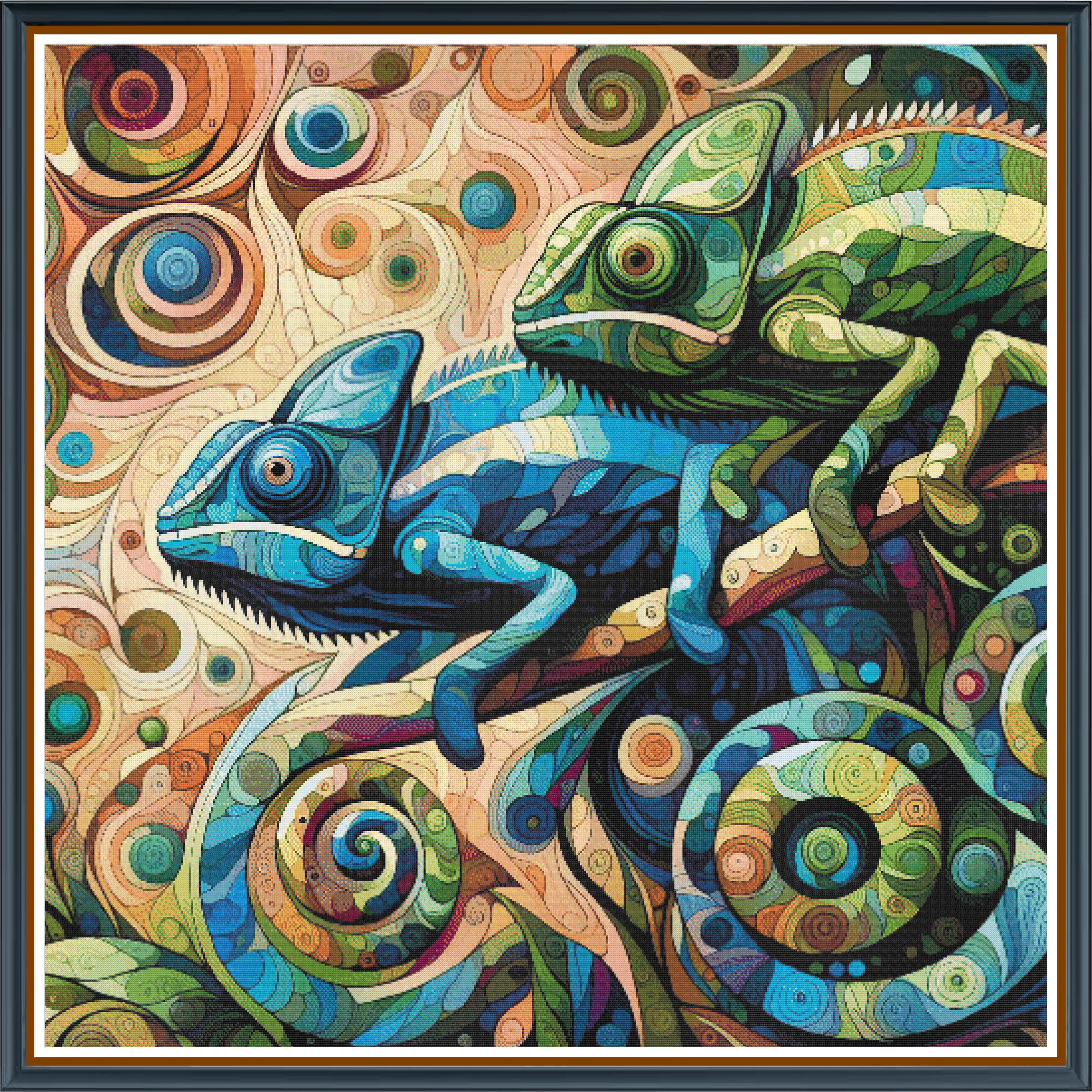Cozy Chameleons digital cross stitch pattern. Add vibrant energy to your crafts with "Cozy Chameleons," a digital cross-stitch pattern that celebrates the playful beauty of chameleons. Ideal for DIY art projects, home decor, and creative inspiration.