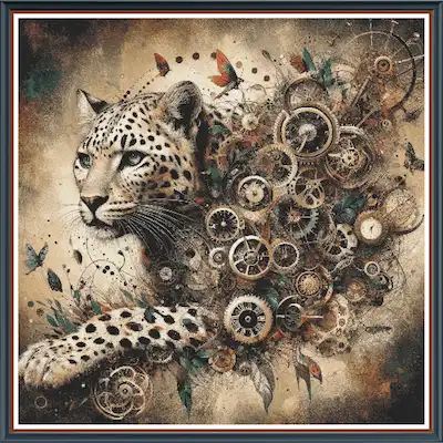 Industrial Cheetah digital cross stitch pattern. Rev up your creativity with "Industrial Cheetah," a digital cross-stitch pattern that fuses sleek elegance and raw speed with an edgy industrial twist. Perfect for DIY art projects, modern decor, and dynamic wall art.