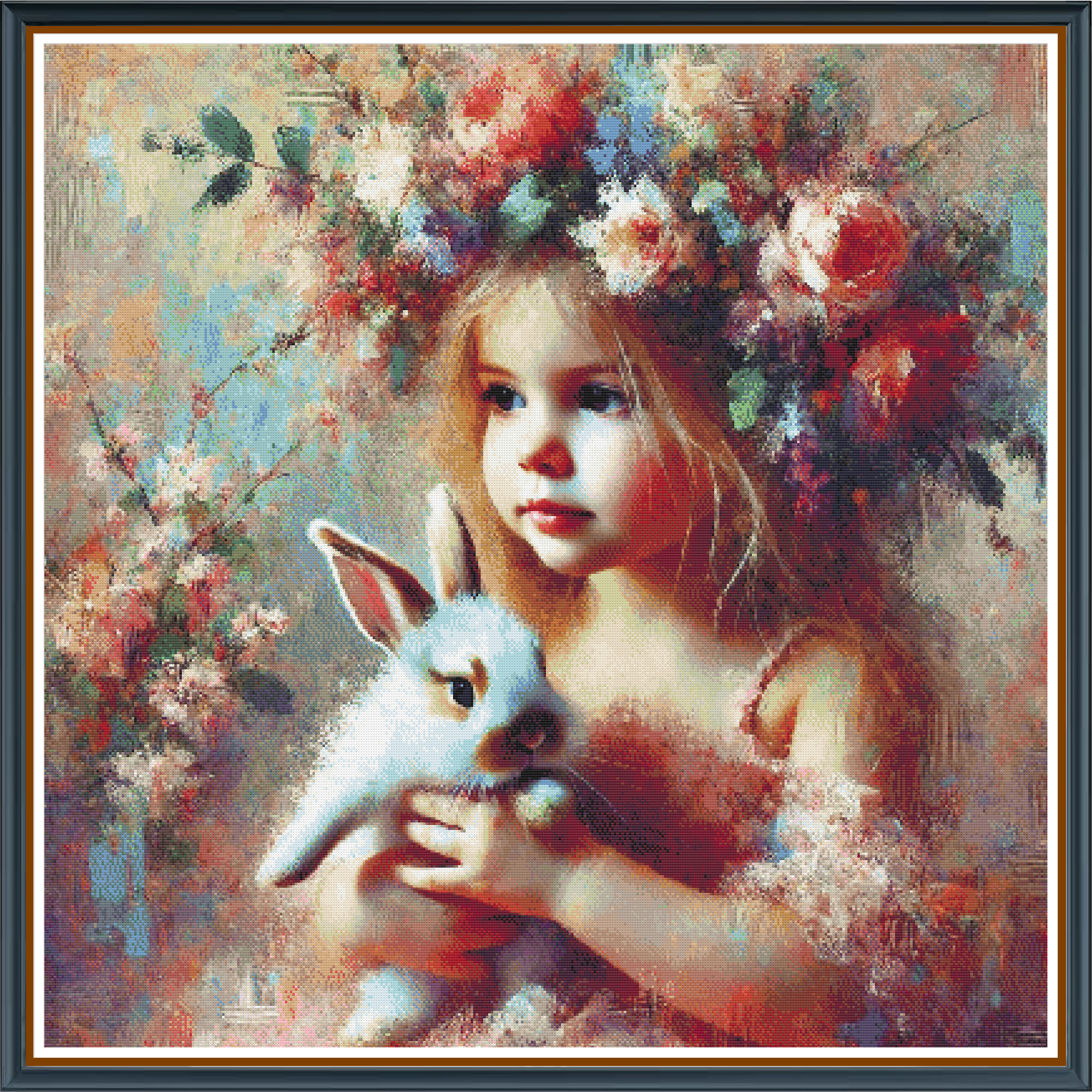 Easter Babies digital cross stitch pattern. Celebrate spring with "Easter Babies," a digital cross-stitch pattern featuring a heartwarming scene of a little girl and a playful rabbit. Perfect for seasonal decor, DIY crafts, and Easter-inspired art.