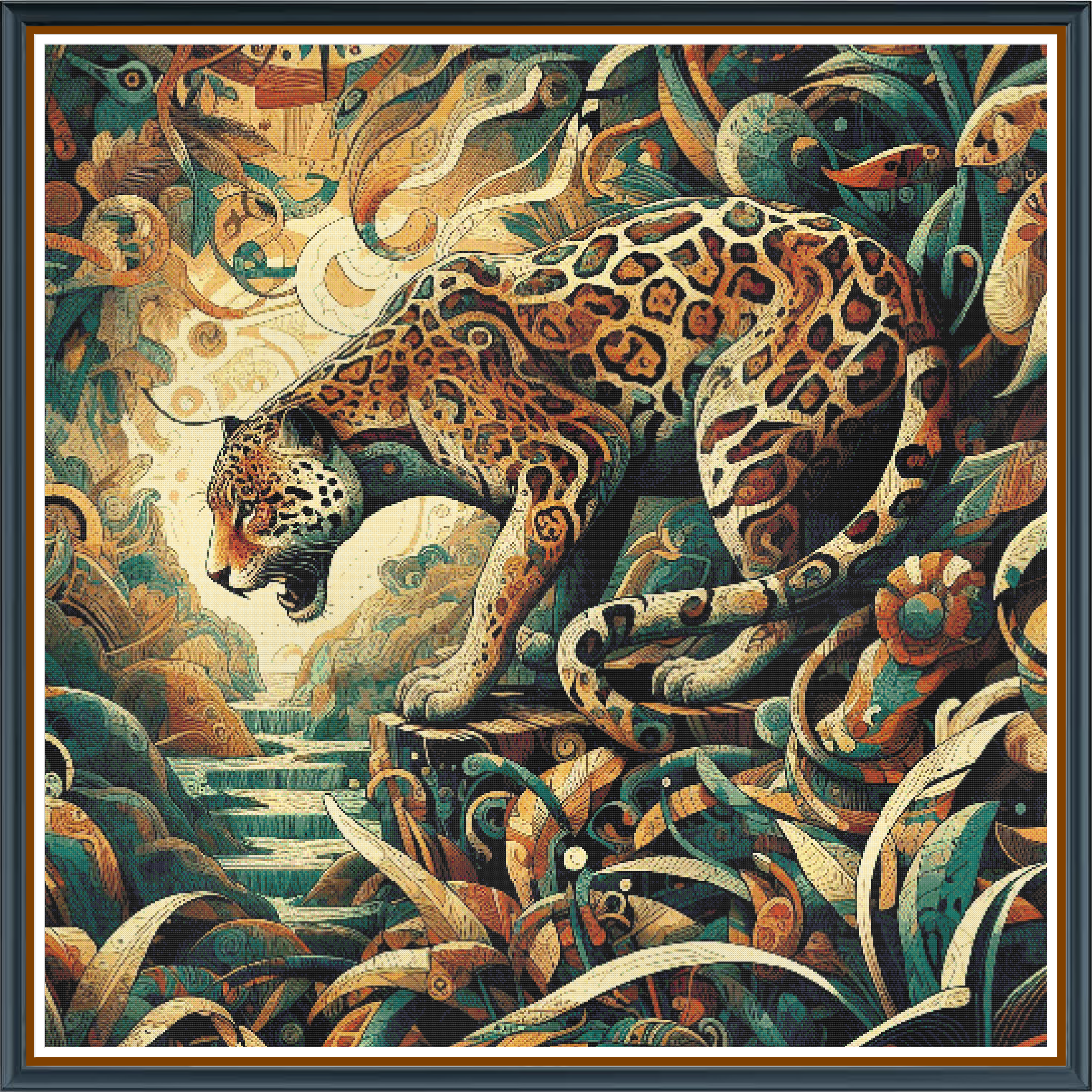 Johnny Jaguar digital cross stitch pattern. Unleash wild creativity with "Johnny Jaguar," a digital cross-stitch pattern featuring a majestic jaguar gazing into a river at the edge of a lush jungle. Perfect for animal lovers, DIY projects, and nature-inspired decor.